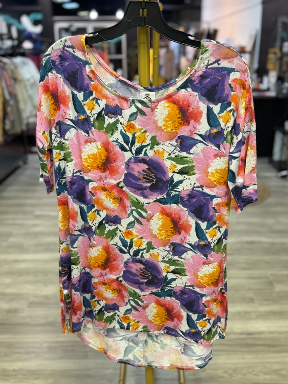 Agnes & Dora Floral Scoop Neck Tee in Pink, Purple & Yellow